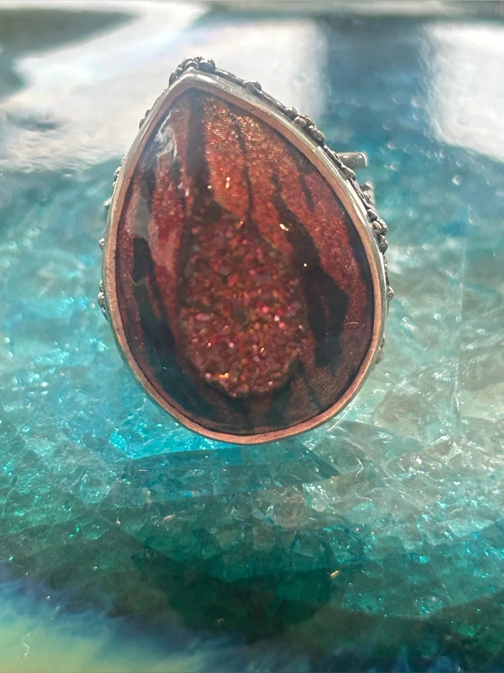 Vintage Sajen Sterling Tiger Stripe Resin Druzy Ring      Sz 7